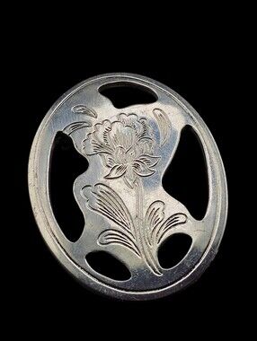 Vtg Kirk Stieff Pewter Peony Brooch Oval Openwork Cut Out Flower Floral Pin Gift